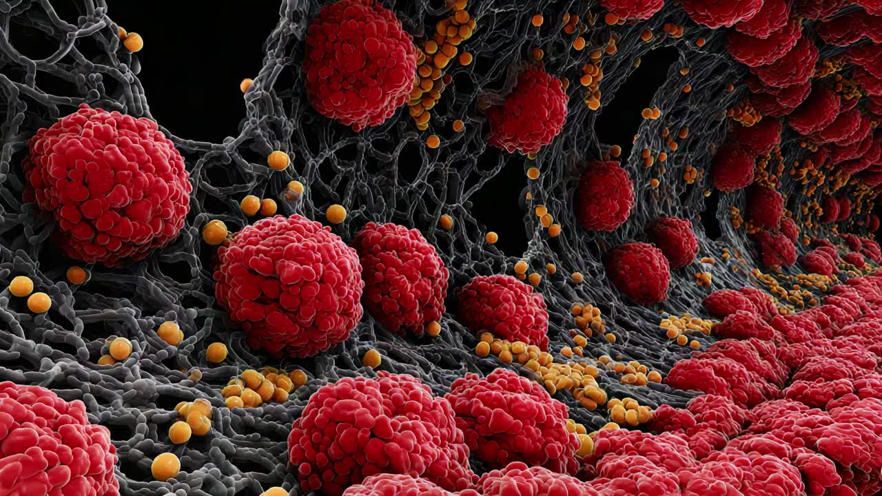 Microscopic Visualization of Cellular Structures: A Close-Up View of Red and Yellow Microorganisms Within a Network, Capturing the Intricate Details of Biological Interactions