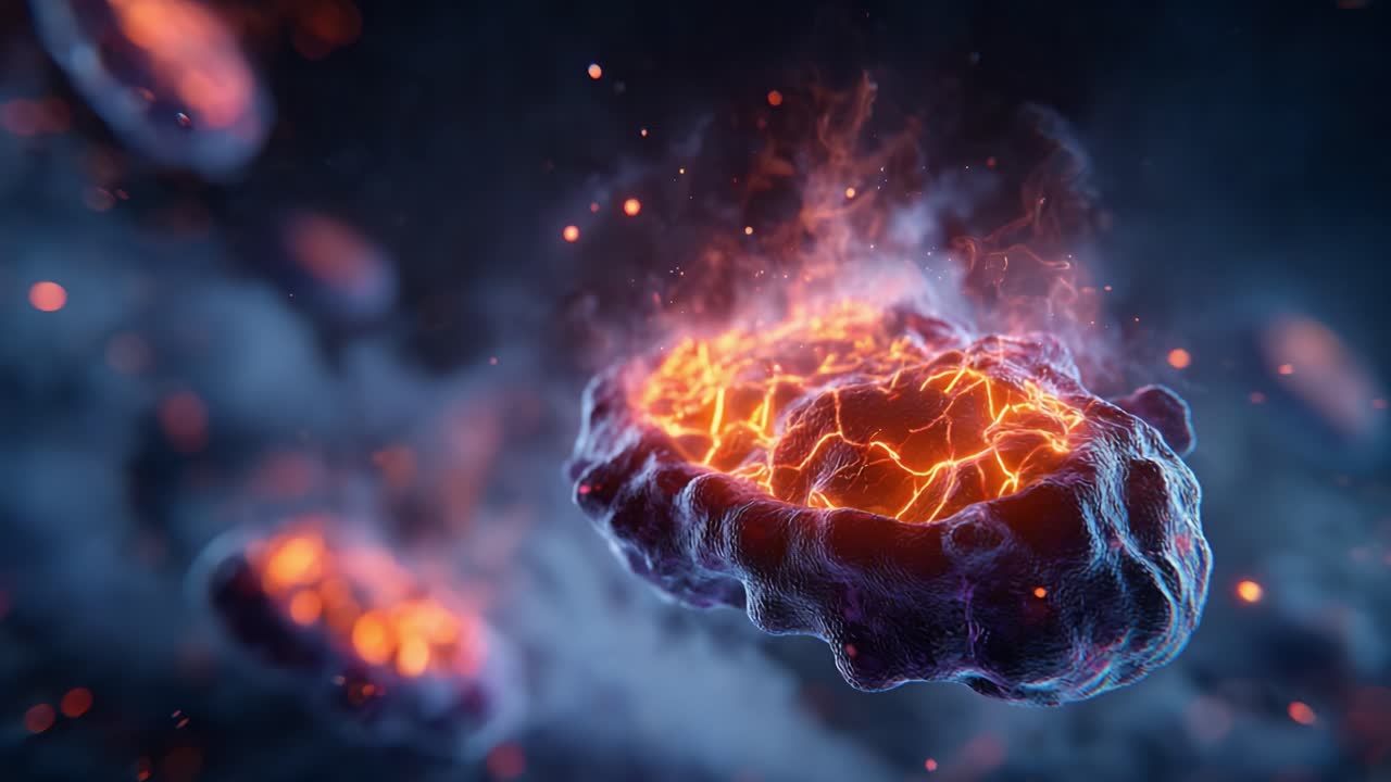 A Dynamic Visualization of Biochemical Processes Highlighting Energy Transfer in Vibrant Nanoparticle Structures with Fiery Auras and Atmospheric Movement