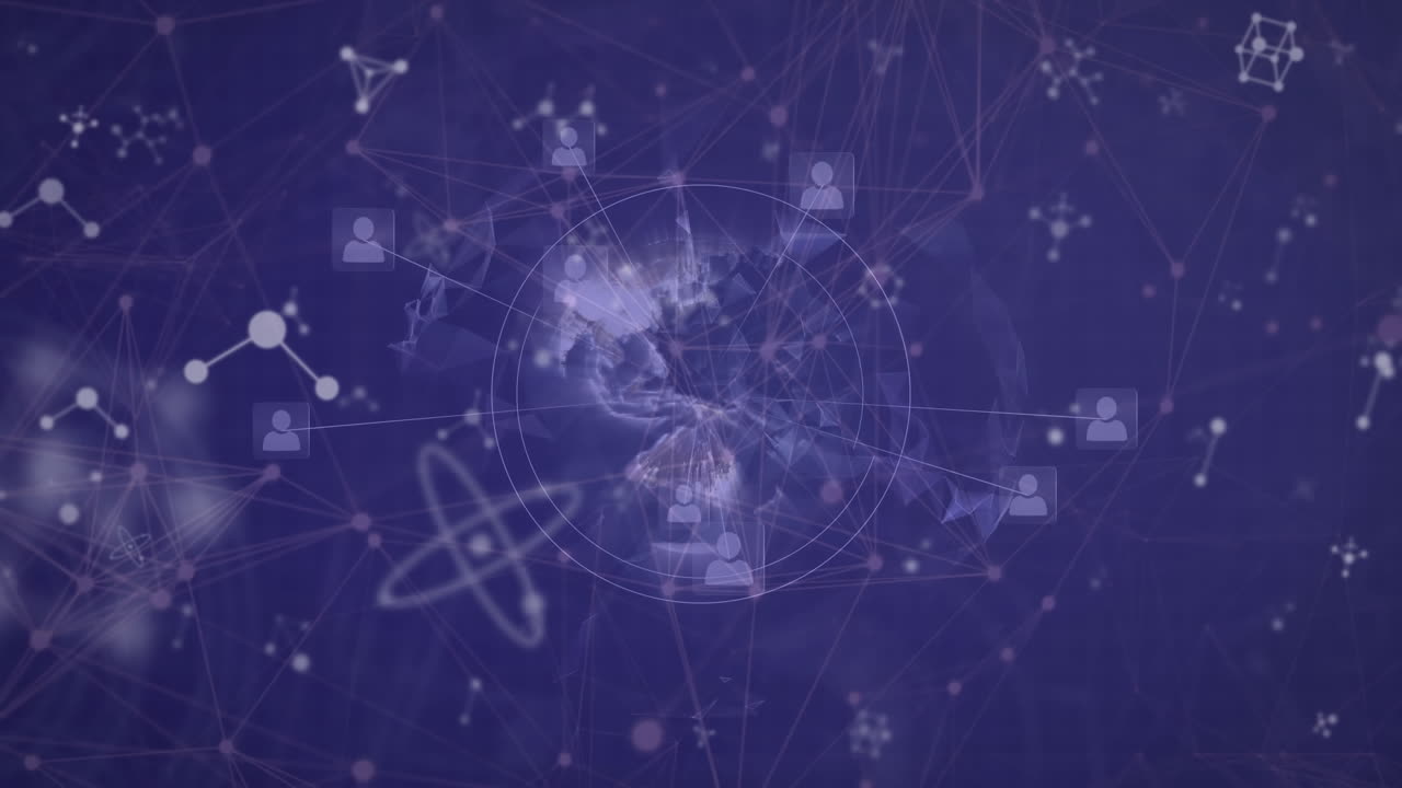 Animation of network of connections with molecules on purple background