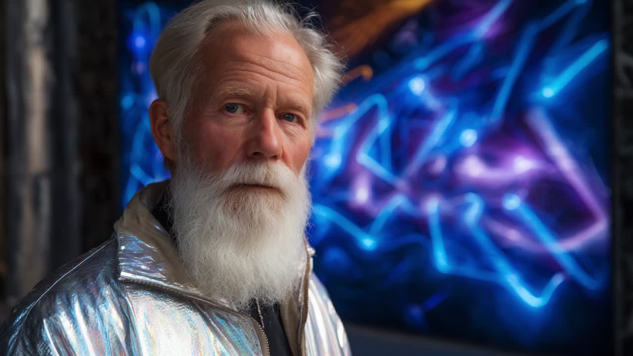A Thoughtful Portrait of an Elegant Elderly Man with a Striking Silver Beard, Captured Against a Vibrant Background of Abstract Light Patterns that Create a Dynamic Atmosphere and Visual Interest