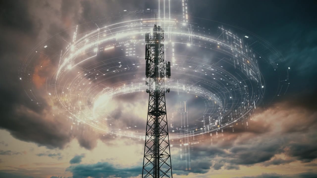 Telecommunication tower emitting digital wireless signals with futuristic data network visualization and 5G connectivity
