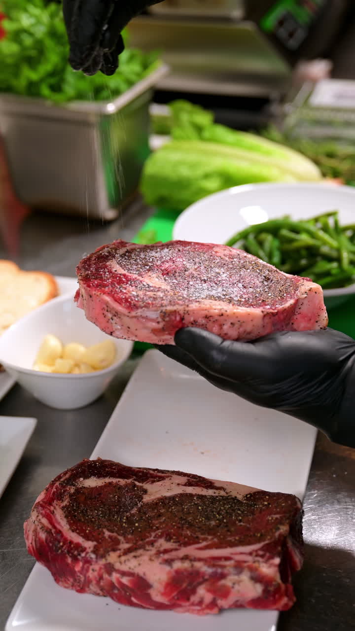 Chef holding seasoned steak over plate. Chef with black gloves holding a seasoned raw steak in a kitchen
