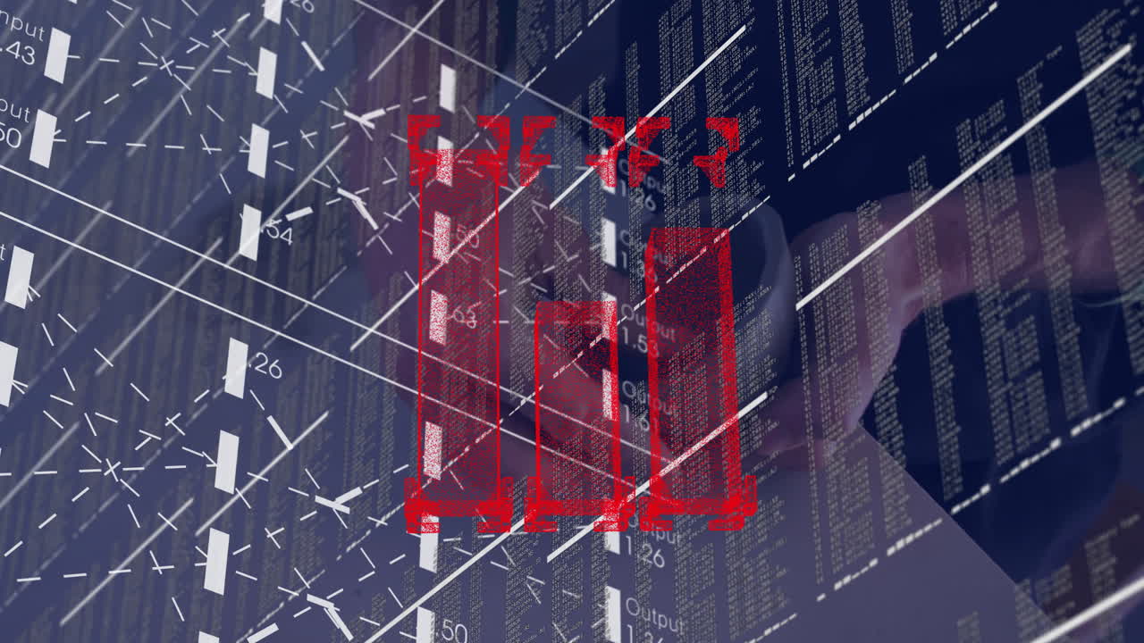 Red bar graph and data processing animation over digital financial information