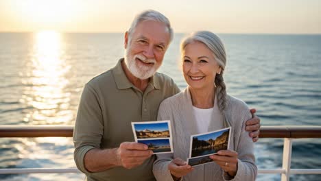 a joyful senior couple sharing memories by the ocean: capturing cherished moments together on a scenic cruise with pictures at sunset