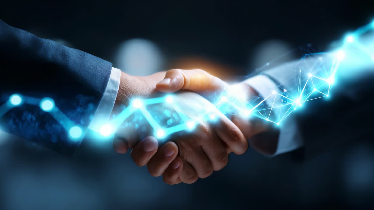 Professional Partnership: Captivating Moment of Two Business Executives Shaking Hands Amidst Dynamic Data Visualization, Signifying Collaboration and Progress in Modern Business Environment