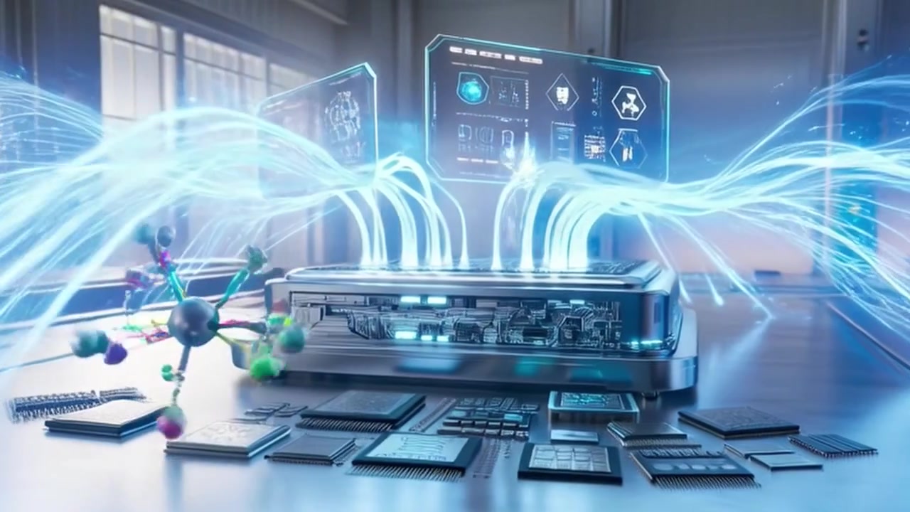 Futuristic Microchip Processing Data with Holographic Interface