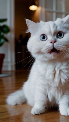 close-up of an adorable fluffy white cat with striking blue eyes