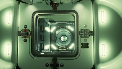 a close-up view of a futuristic spacecraft hatchway