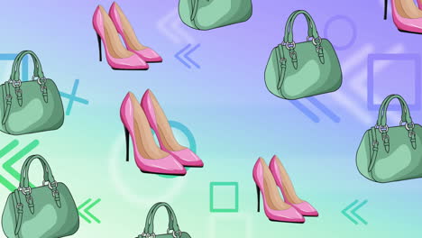 animation of handbag and shoes icons on blue background