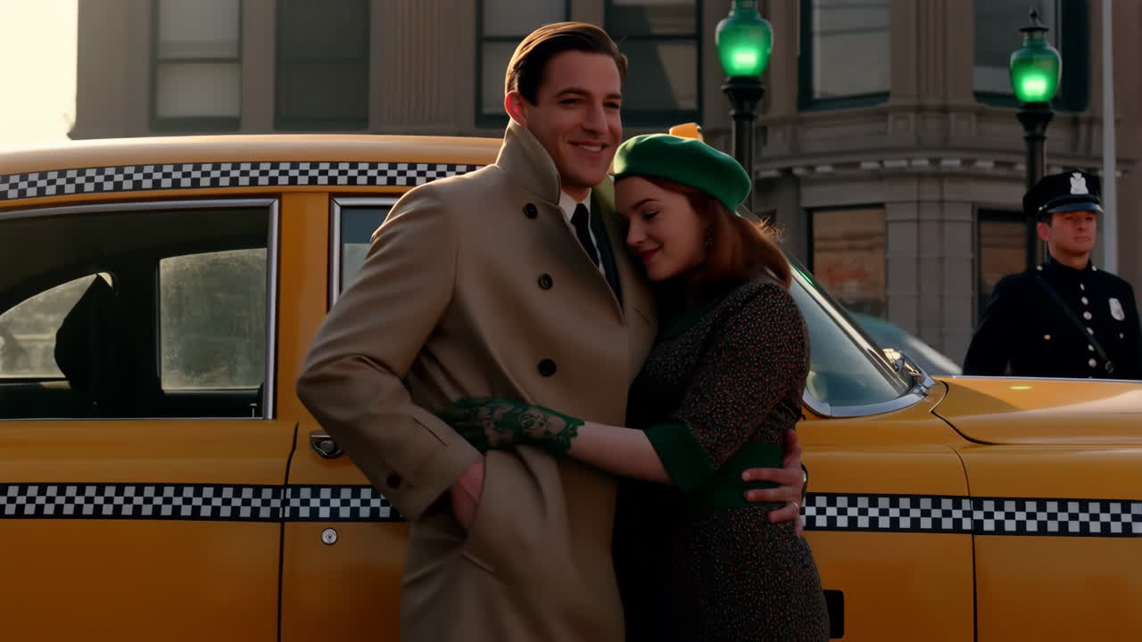 A couple embracing beside a vintage yellow taxi on a city street