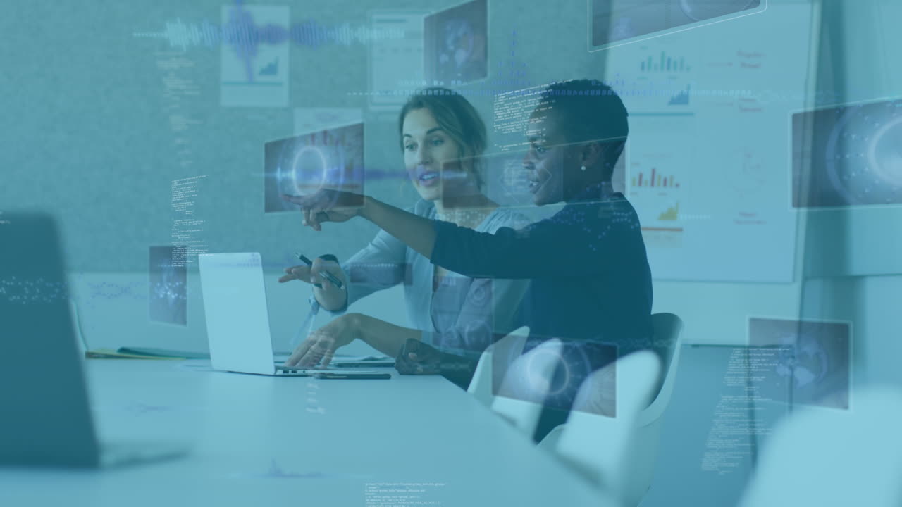 Animation of data processing over diverse business people in office