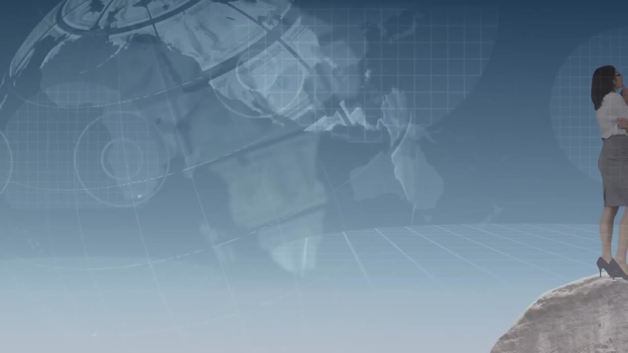 ejecutivos de pie en el montaje mirando el globo