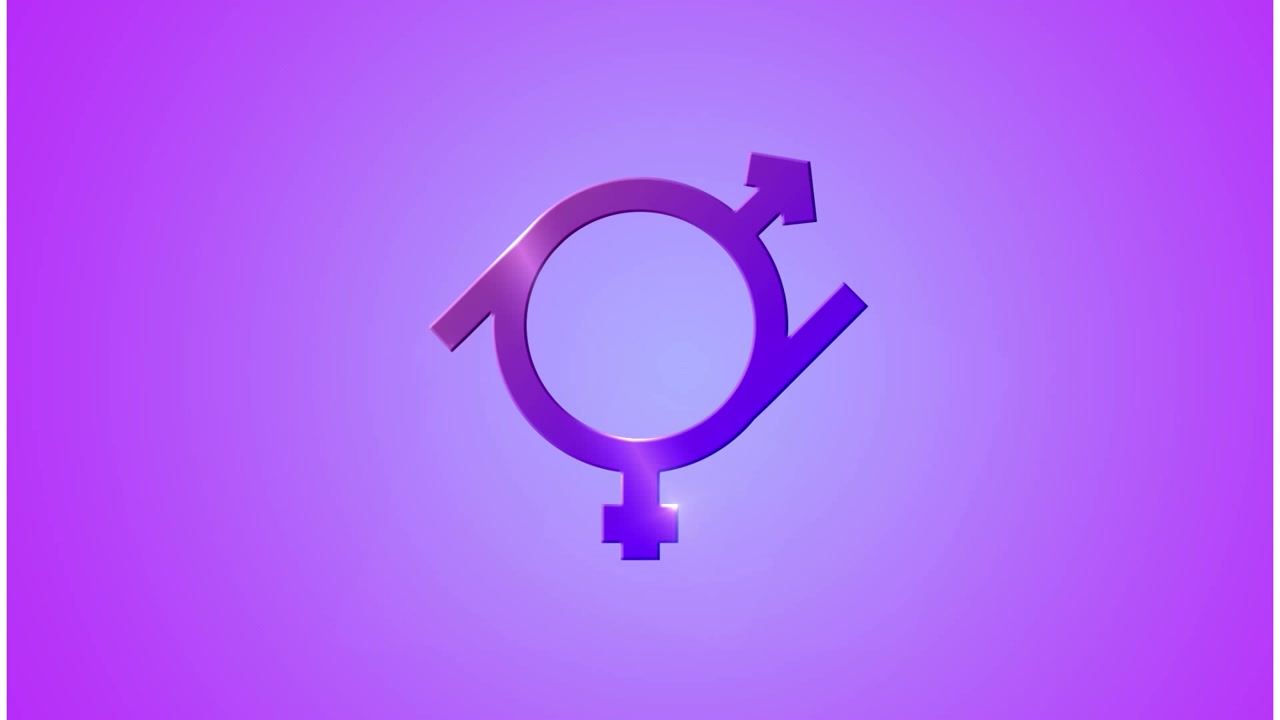 Animazione di simboli di genere maschile e femminile su sfondo viola, spazio per il testo
