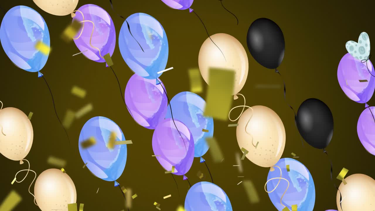 animación de globos coloridos que vuelan y caen confeti sobre fondo oscuro