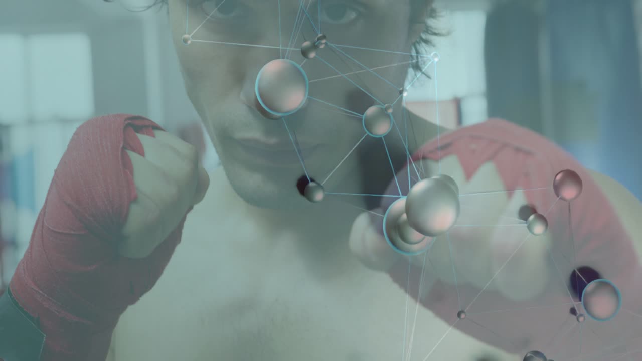 Boxer with red wraps holding guard, training, camera shifting, molecules drifting, revealing face