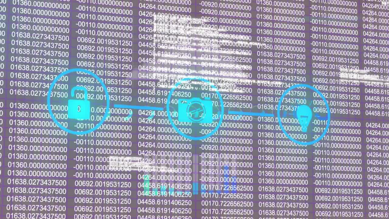 Animation of icons and financial data processing over dark background