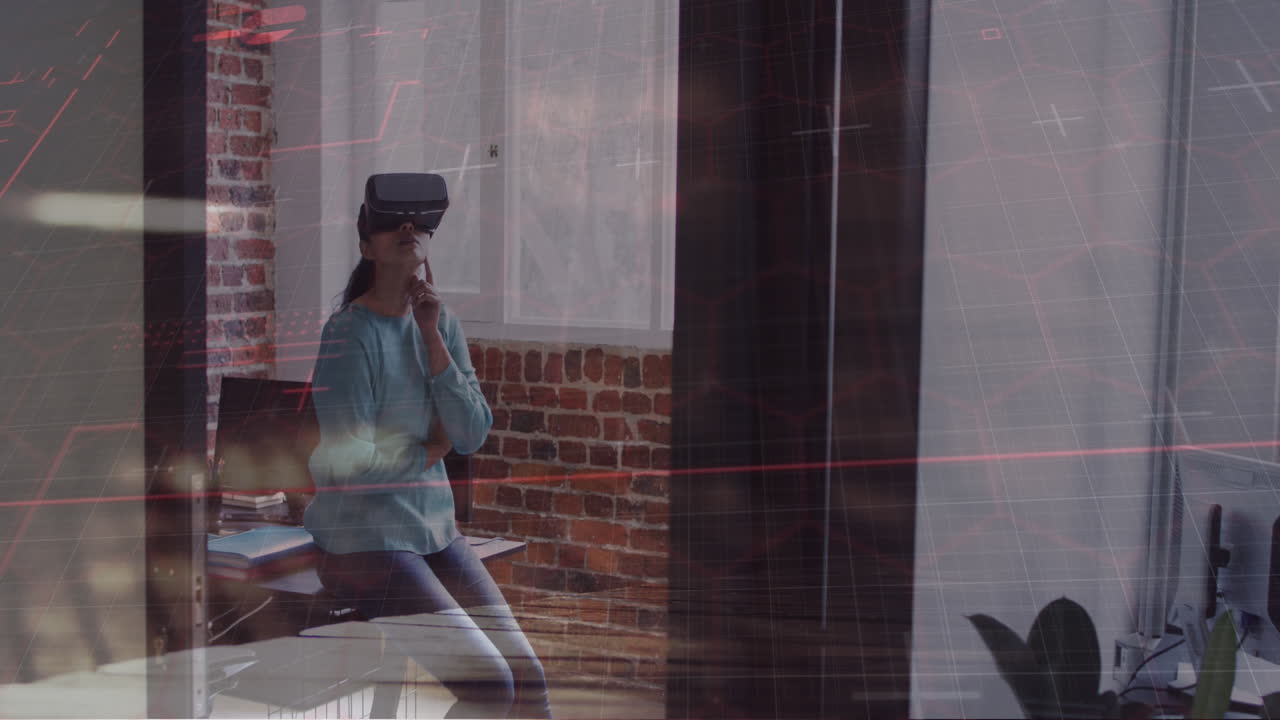 시티스케이프에서 사무실에서 vr 헤드을 착용한 아시아 사업가 애니메이션