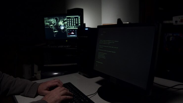 Computer hacker typing in code