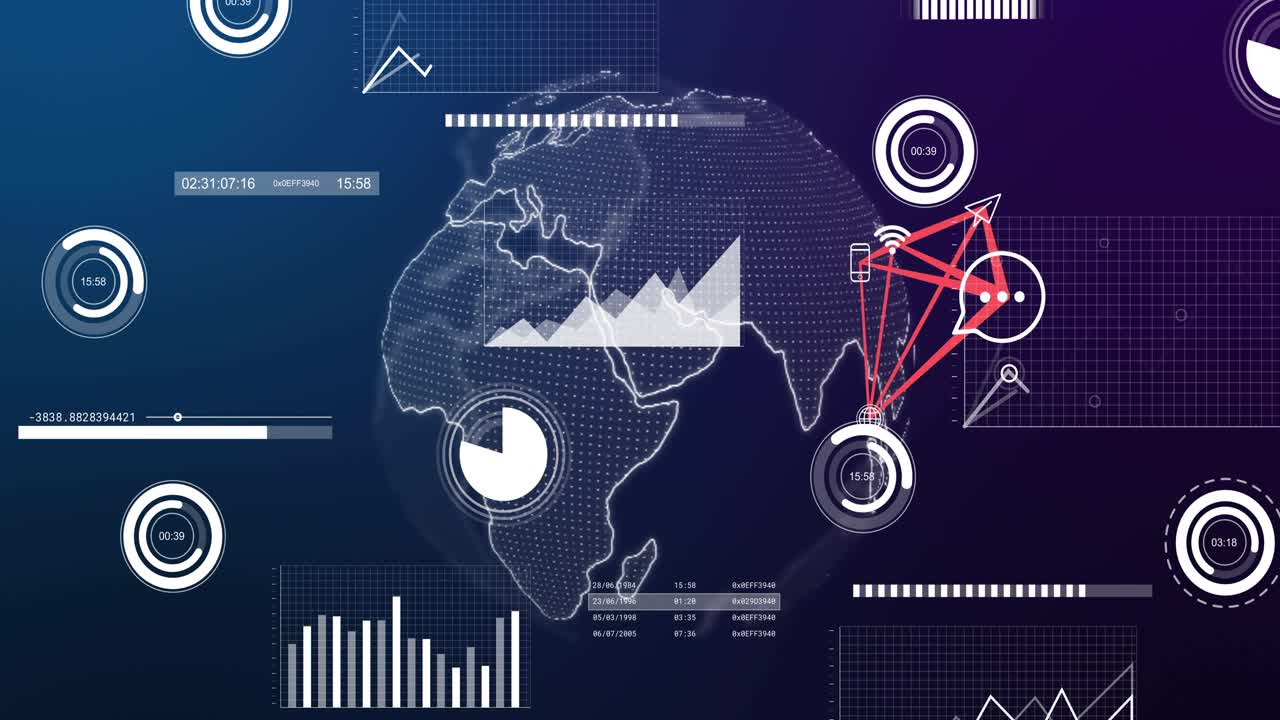 Blur clearing dotted globe rotating, phone sending blue lines, HUD updating charts showing data