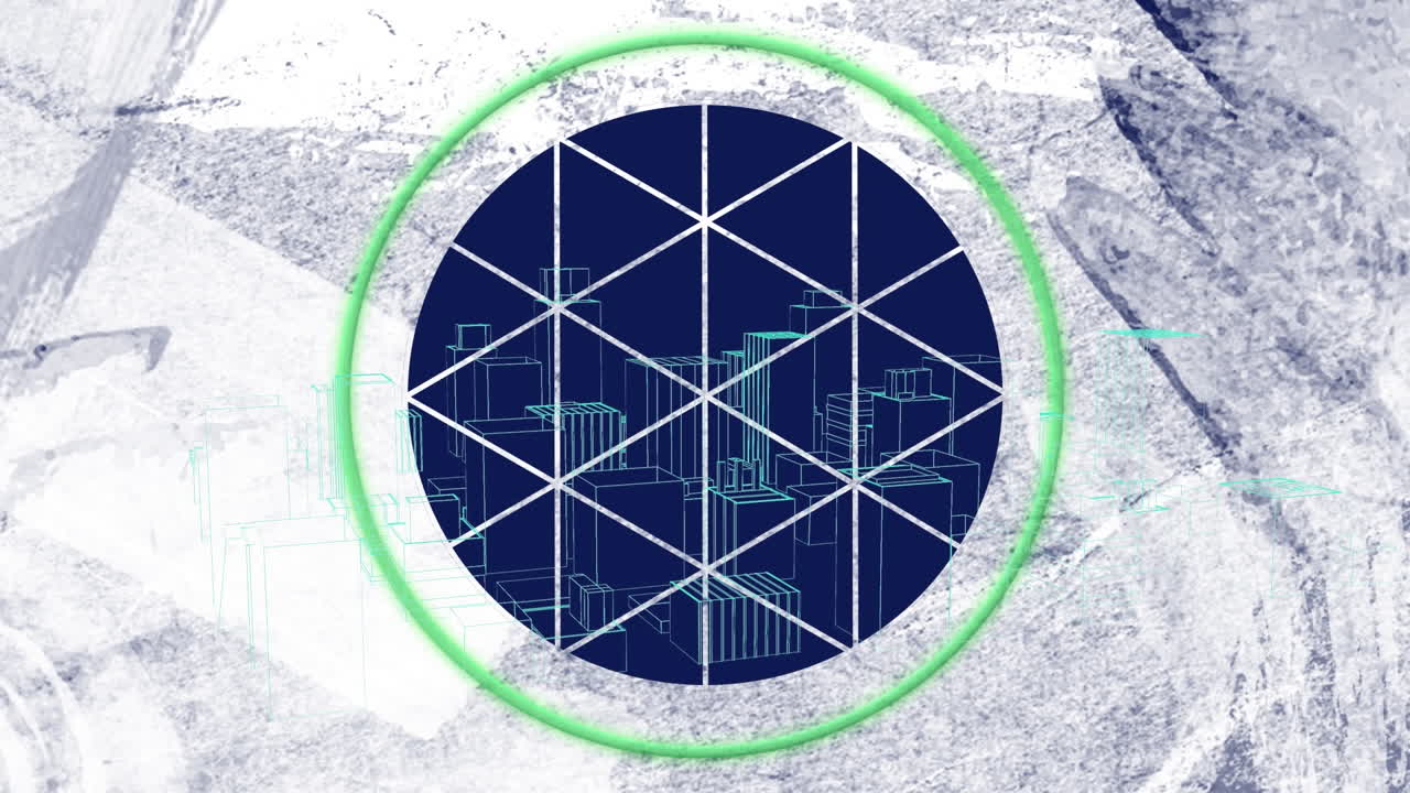 녹색 원형 스캐너 프로세싱의 애니메이션을 원형 패턴과 밤의 도시 풍경에 대해.