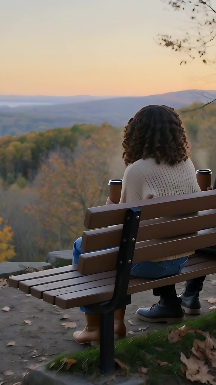 Vertical video: Pulling focus showing woman pointing at sunset on bench in sweater with two cups