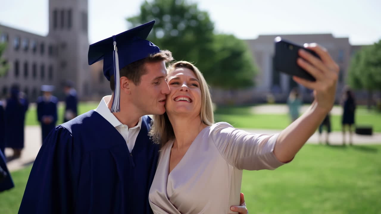 Madre e figlio orgogliosi, neolaureati, che si fanno un selfie nel campus