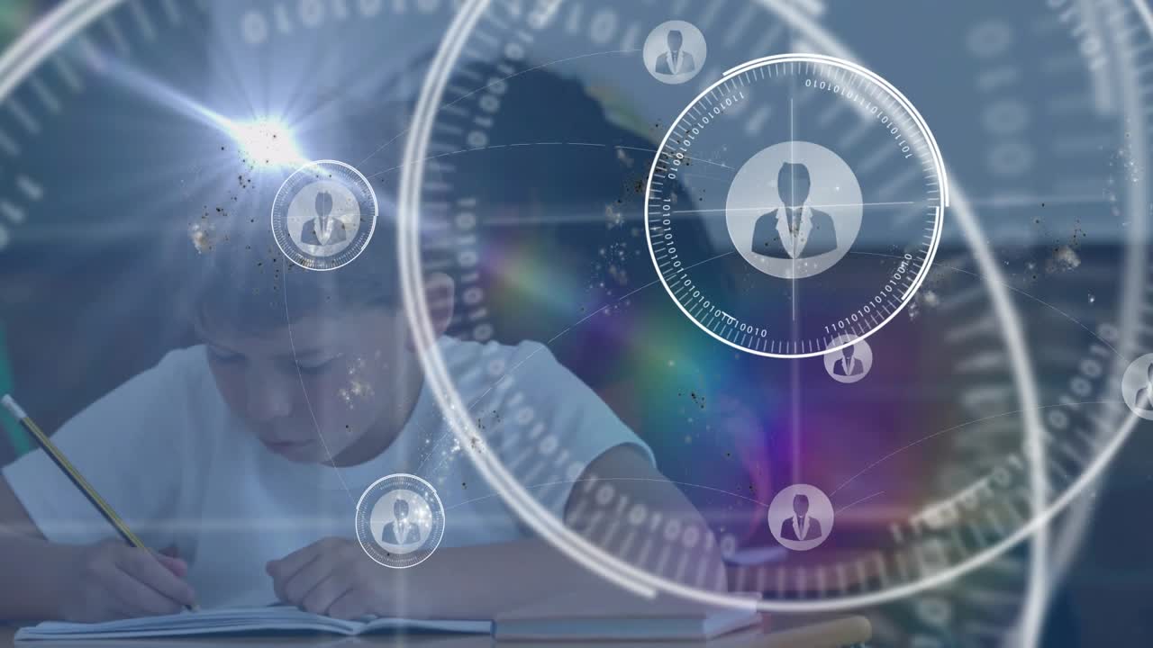 Boy writing in pad while graphic emerging starting HUD rings icons mapping class network