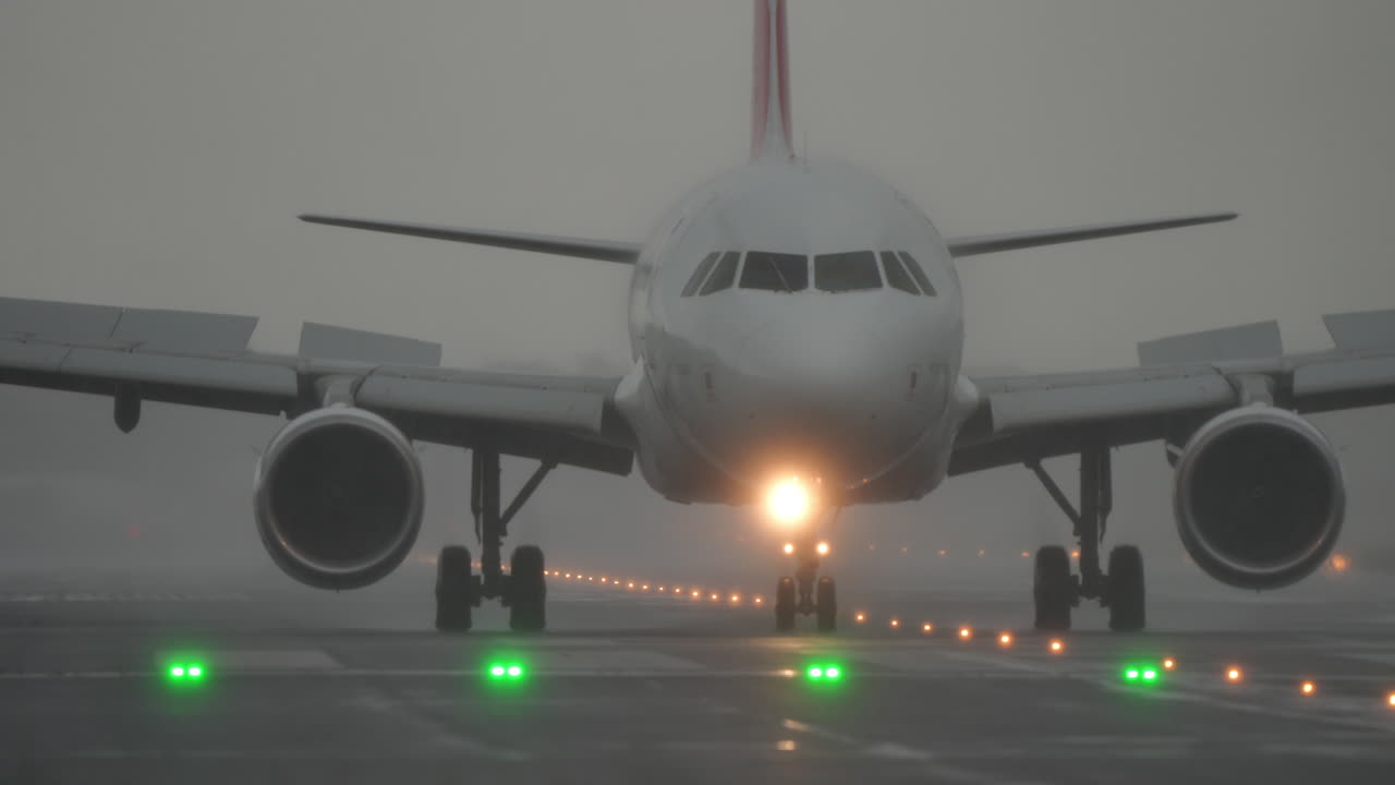 Airplane is taxiing on the runway in foggy and rainy conditions, with green lights illuminating the path ahead, showcasing aviation operations