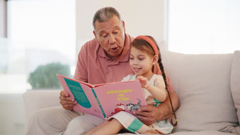 happy, book and grandfather reading with child