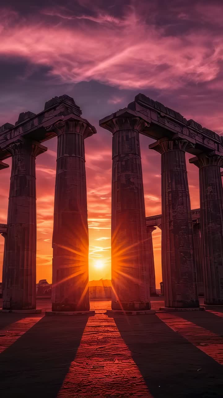 Vertical video: Framing central columns, sun aligning at horizon causing flare across stone floor