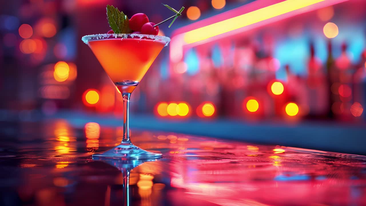 Vibrant Cocktail on a Bar Counter with Neon Lights