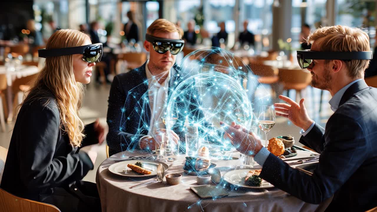 Three individuals engage in a futuristic discussion while using augmented reality glasses at a dining table, showcasing a digital holographic globe amidst a modern restaurant setting