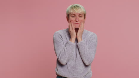 upset scared young woman biting nails, feeling worried nervous about serious troubles, stress, panic