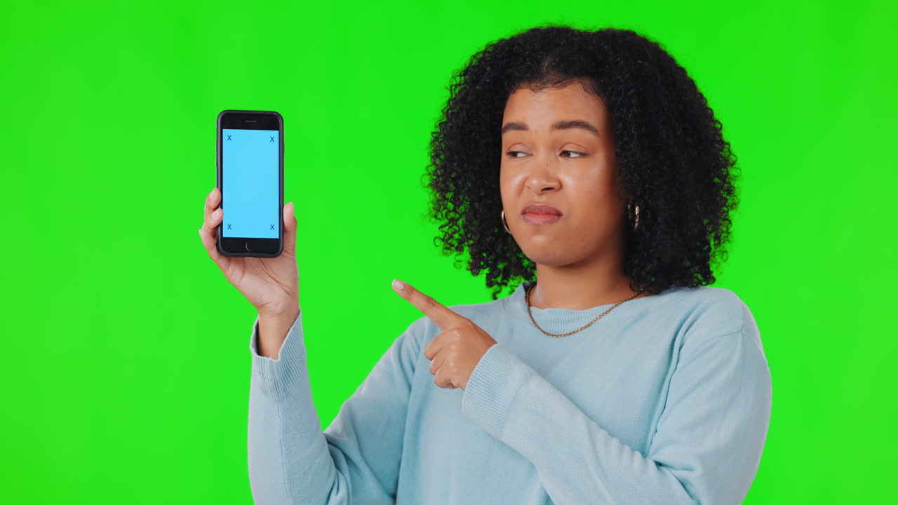 Woman, phone and bad review for mockup on green