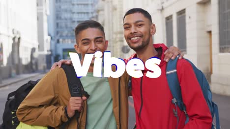 animación de vibraciones texto sobre sonrientes amigos biraciales abrazando