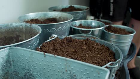 the buckets are being filled with soil as it is poured into them, ensuring that each one is adequately supplied with the earthy material