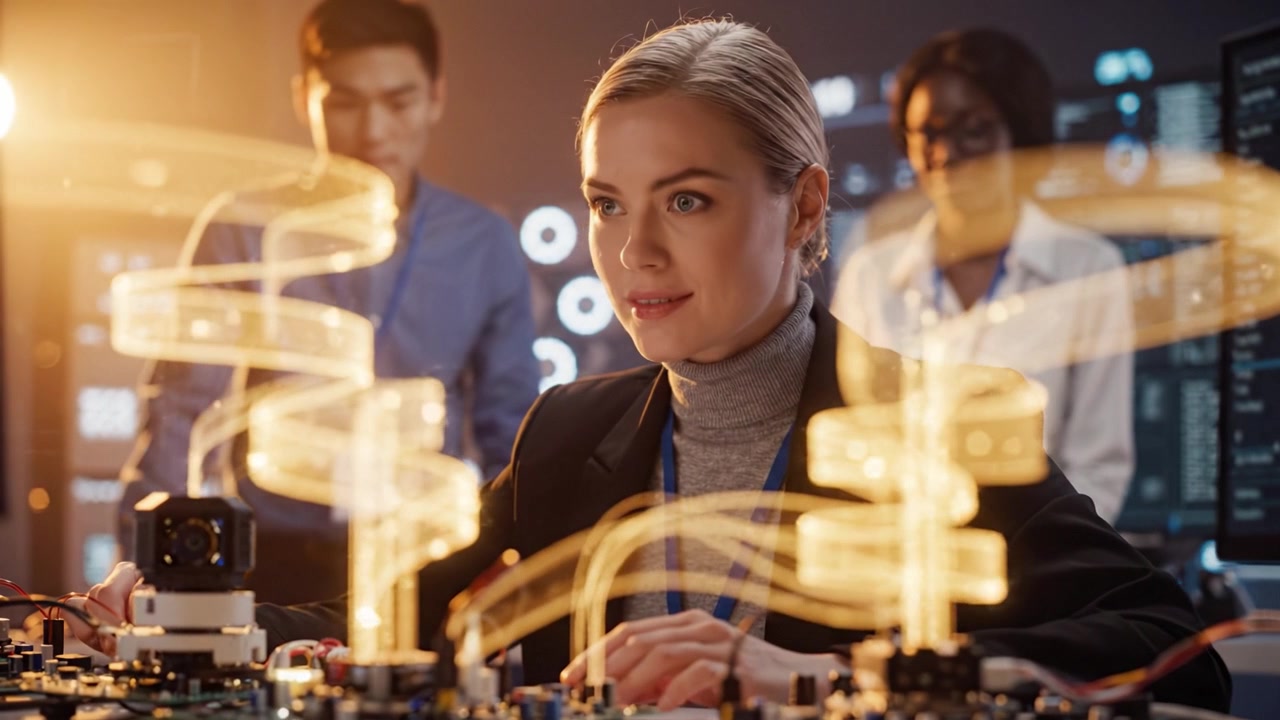 A Focused Engineer Delving into Advanced Technology, Capturing the Moment of Innovation and Collaboration in a Dynamic Workspace with State-of-the-Art Equipment