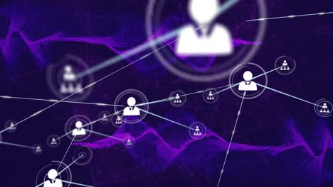 Animation-of-network-of-profile-icons-and-purple-digital-waves-against-black-background