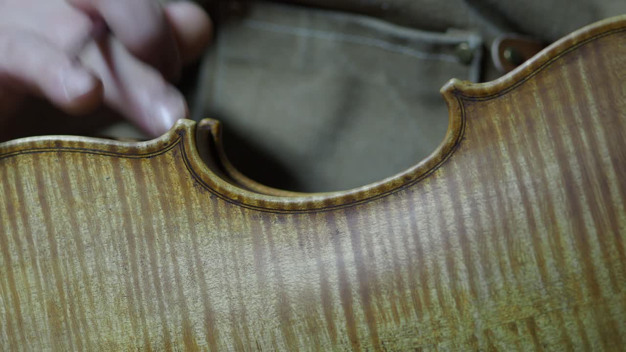 Close-up of violin back showing flamed maple and subtle marbling as luthier applies pigment to ribs for antiquing, enhancing aging effect with brush near purfling and soft transitions