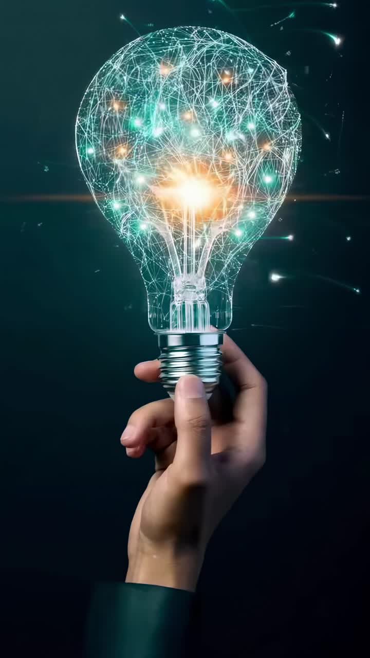 Primo piano, angolazione dal basso verso l'alto di una mano che tiene una lampadina digitale luminosa, concetto per video tecnologico