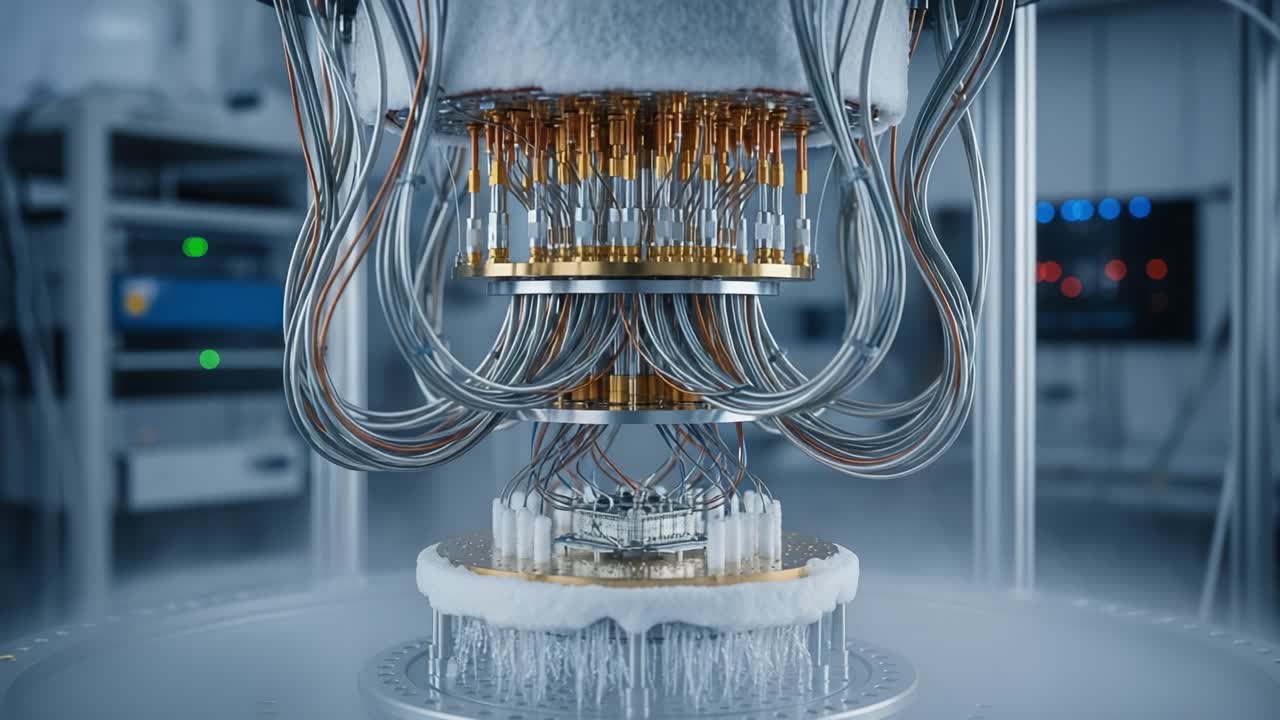 A Detailed View of a Quantum Computer's Core Components, Showcasing the Intricate Wiring and Cooling Mechanisms Essential for Advanced Computational Processes