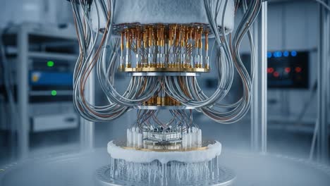 a detailed view of a quantum computer's core components, showcasing the intricate wiring and cooling mechanisms essential for advanced computational processes