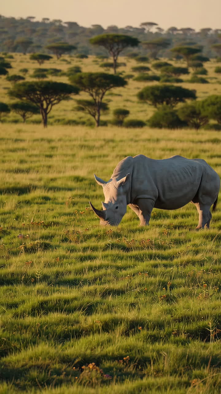 White Rhinoceros Grazing in African Savanna