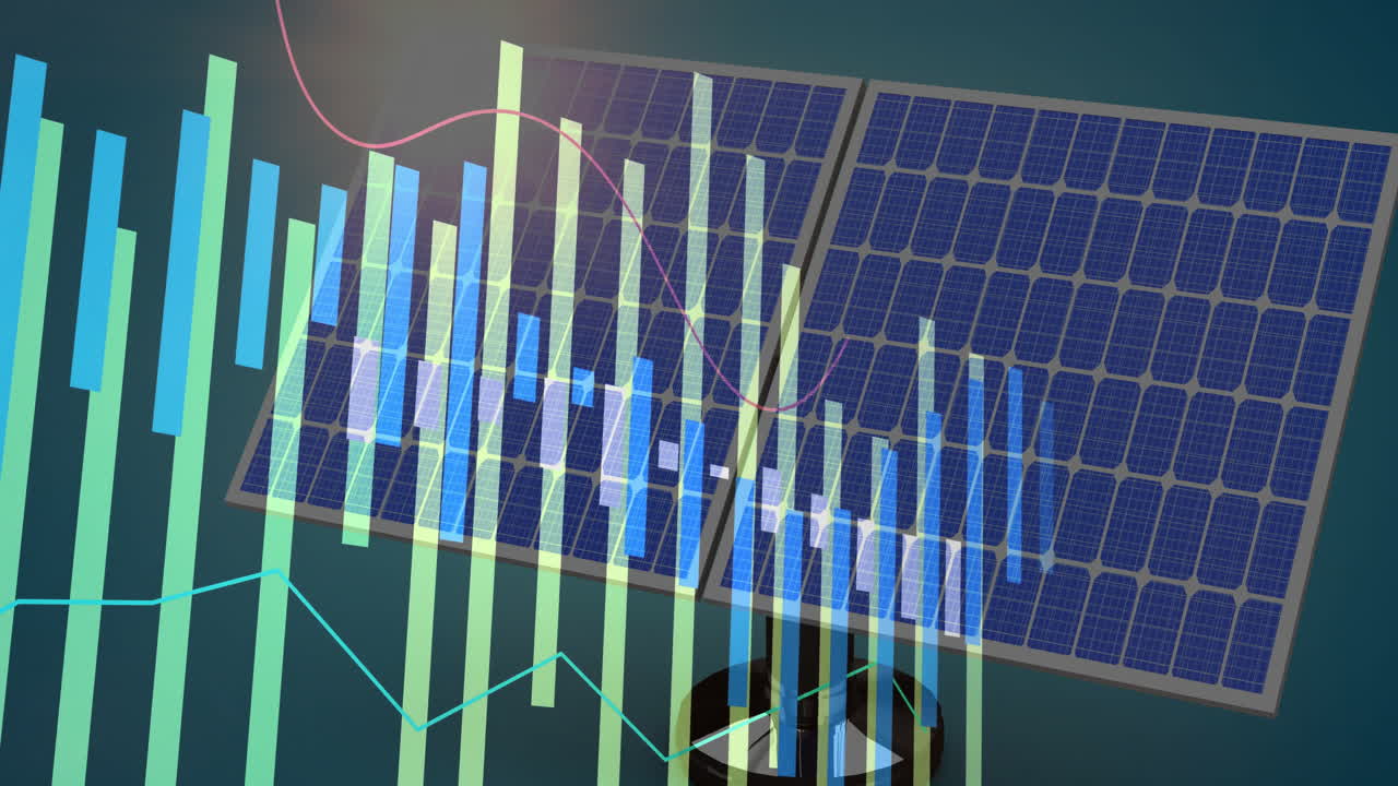 Solar panels displaying fluctuating metrics, showing bar charts and curved line in flat design