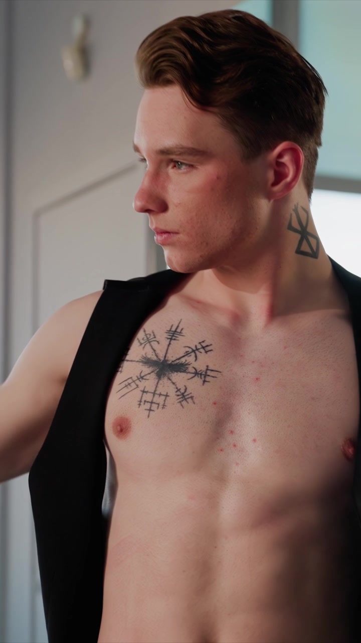 Giovane uomo a torso nudo con tatuaggi sul petto e sul collo. L'uomo sistema un indumento mentre guarda in basso. La scena è al chiuso con pareti di colore neutro e uno sfondo minimale.