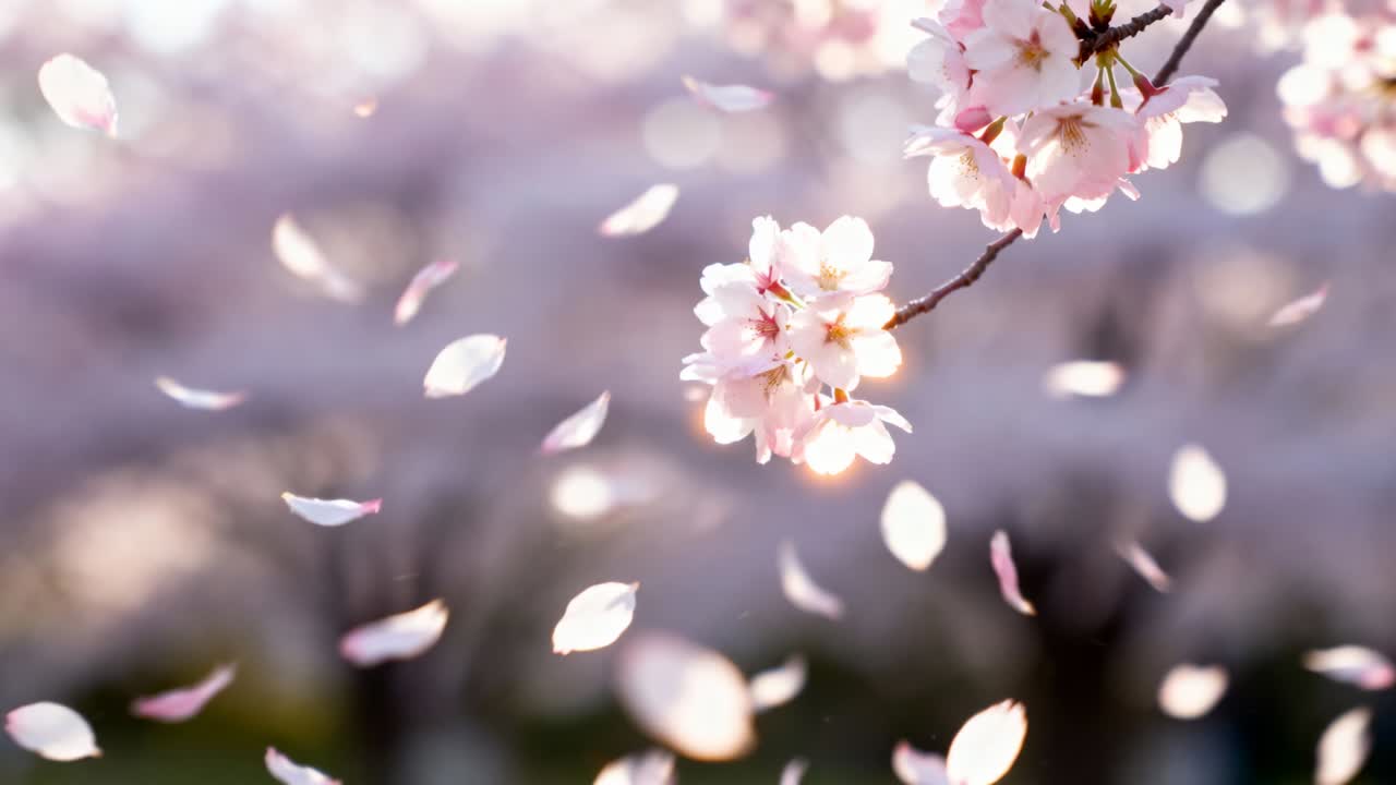 木立の中で逆光に照らされ、そよ風に揺れる桜の花房から花びらが舞い散る様子、コピースペースあり。