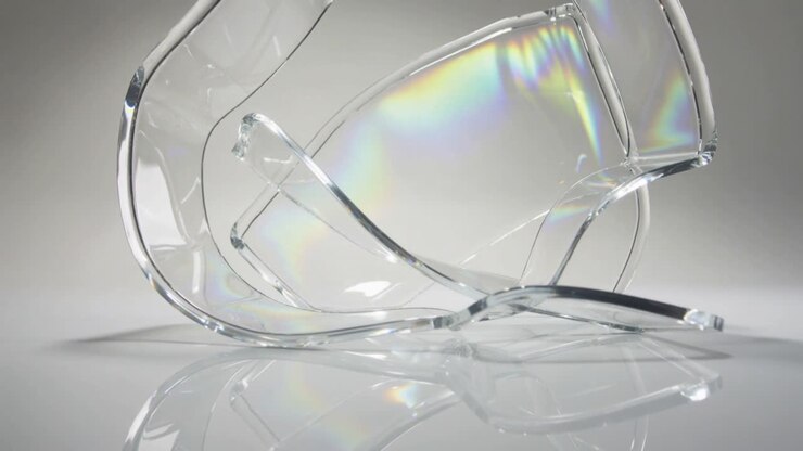 Glinting curved shards shifting on glossy studio desk after subtle light move, showing rainbow band