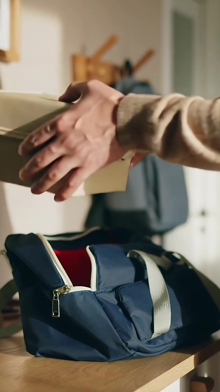 Vídeo vertical: Alcançando à direita, mãos em tricô bege colocando uma caixa creme em uma bolsa azul-marinho na entrada para o trabalho.