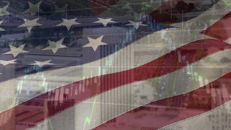 Animation-of-data-processing-and-diagrams-over-flag-of-usa-and-cityscape