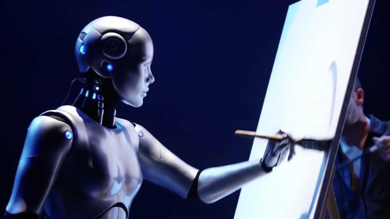 A Futuristic Robot Artist Creates Stunning Visuals on Canvas, Showcasing the Intersection of Technology and Creativity in a Captivating Performance